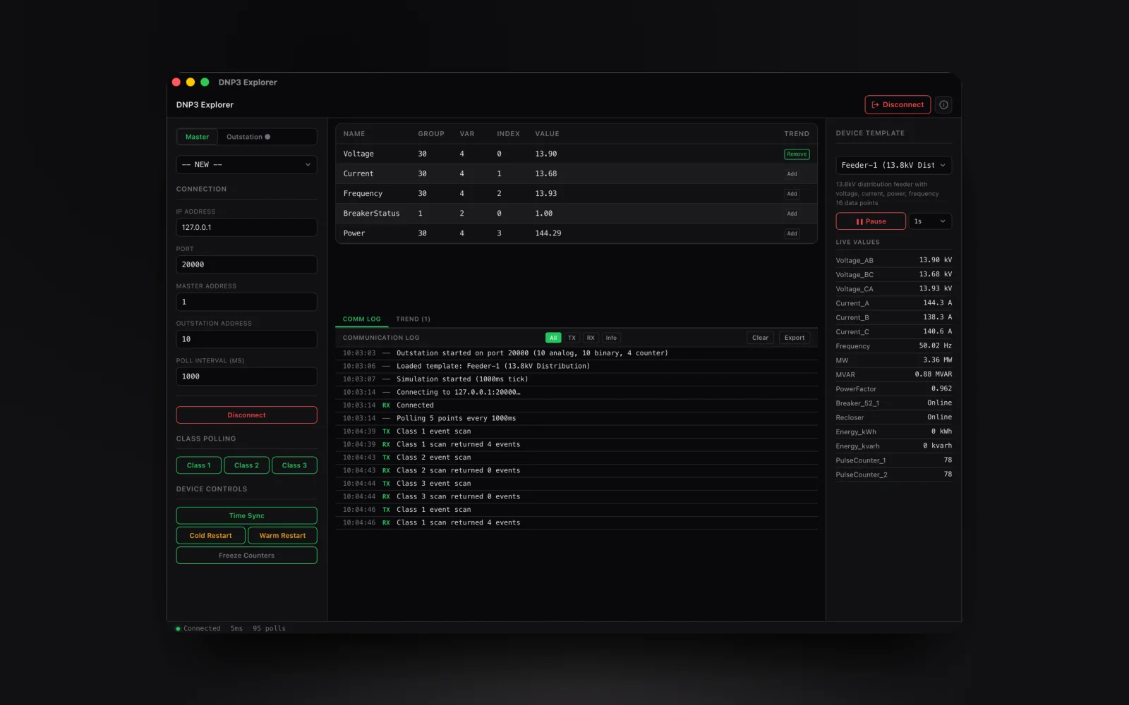 Class 0/1/2/3 polling in the Voltrus DNP3 Explorer: event scan with buffered sequence-of-events timestamps