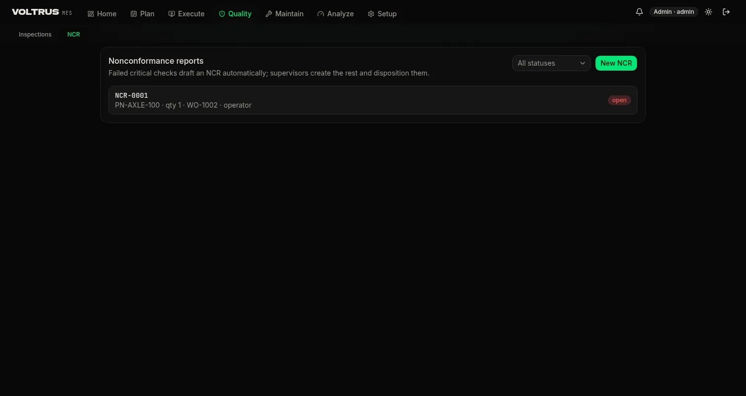 NCR list with status and an open non-conformance against a work order