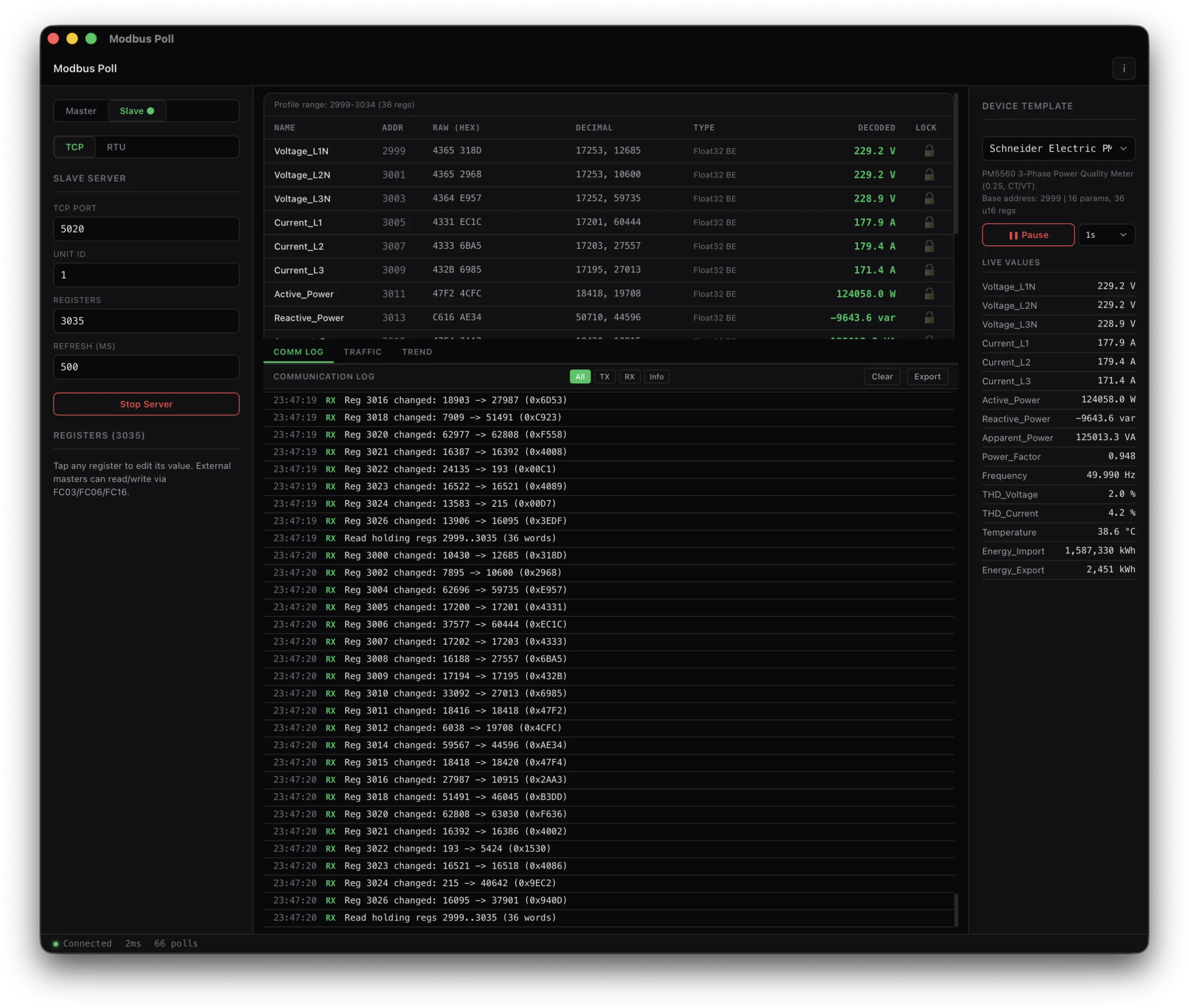 Modbus slave mode, device simulation with configurable registers